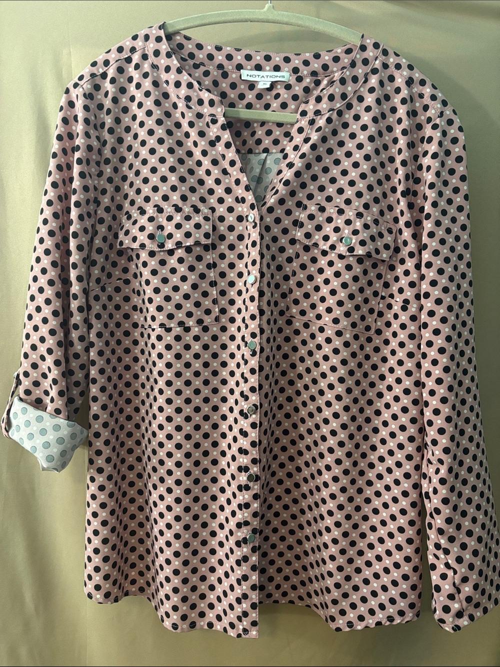 Notations Pink and Black Polka Dot Button-Front Blouse